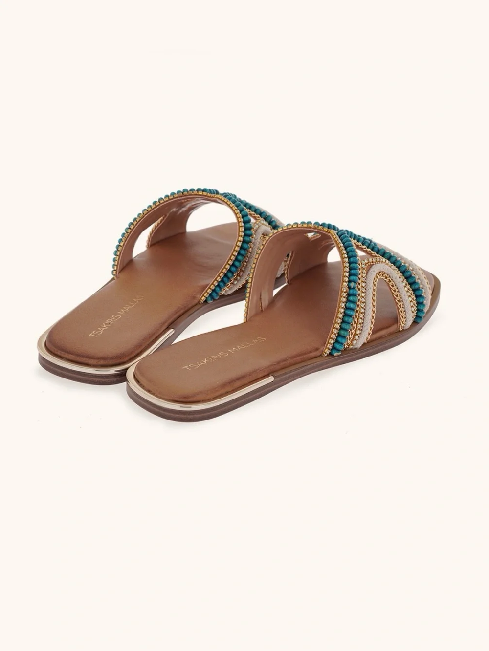 Tsakiris Mallas Greek Leather Flat Sandals Turquoise Beaded EU 41 US 10.5 NIB